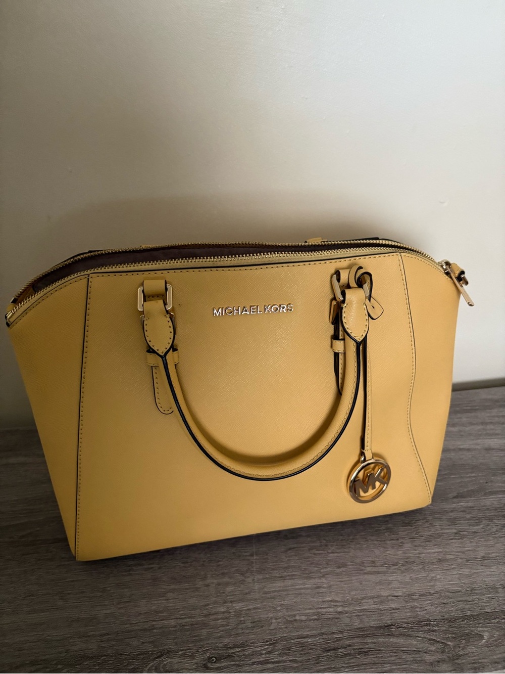 Michael Kors Mustard Yellow Saffiano Satchel with MK Charm